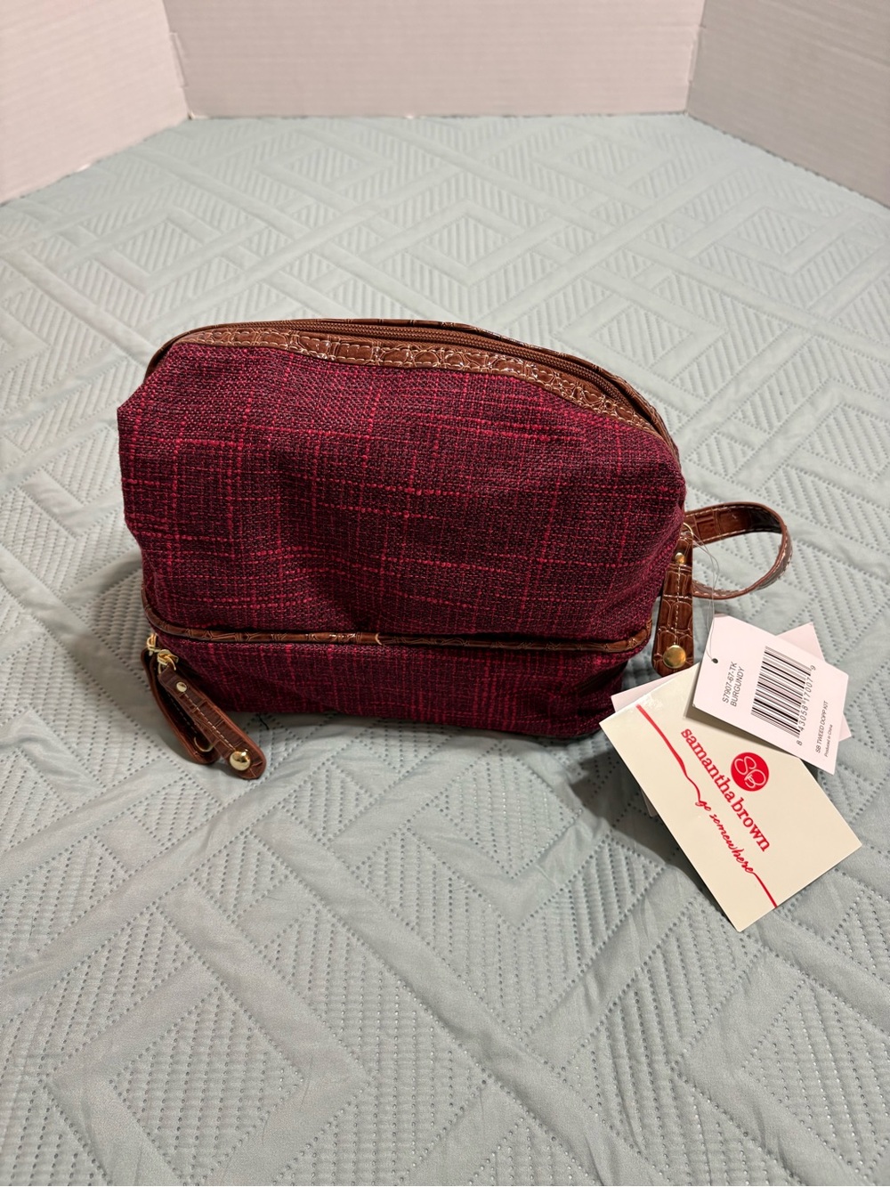 Samantha Brown Tweed Dopp Kit Toiletry Bag Water Resistant Burgundy/Brown M/L